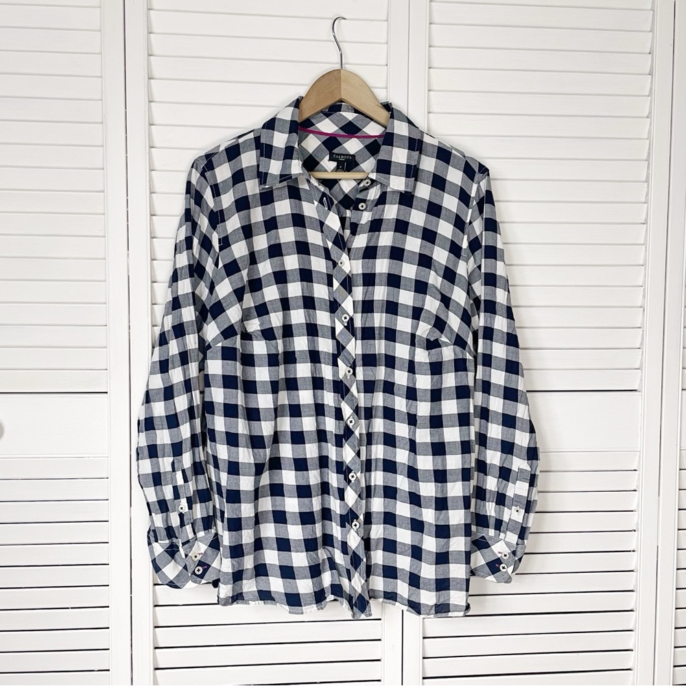 Talbots navy blue buffalo plaid button down shirt
